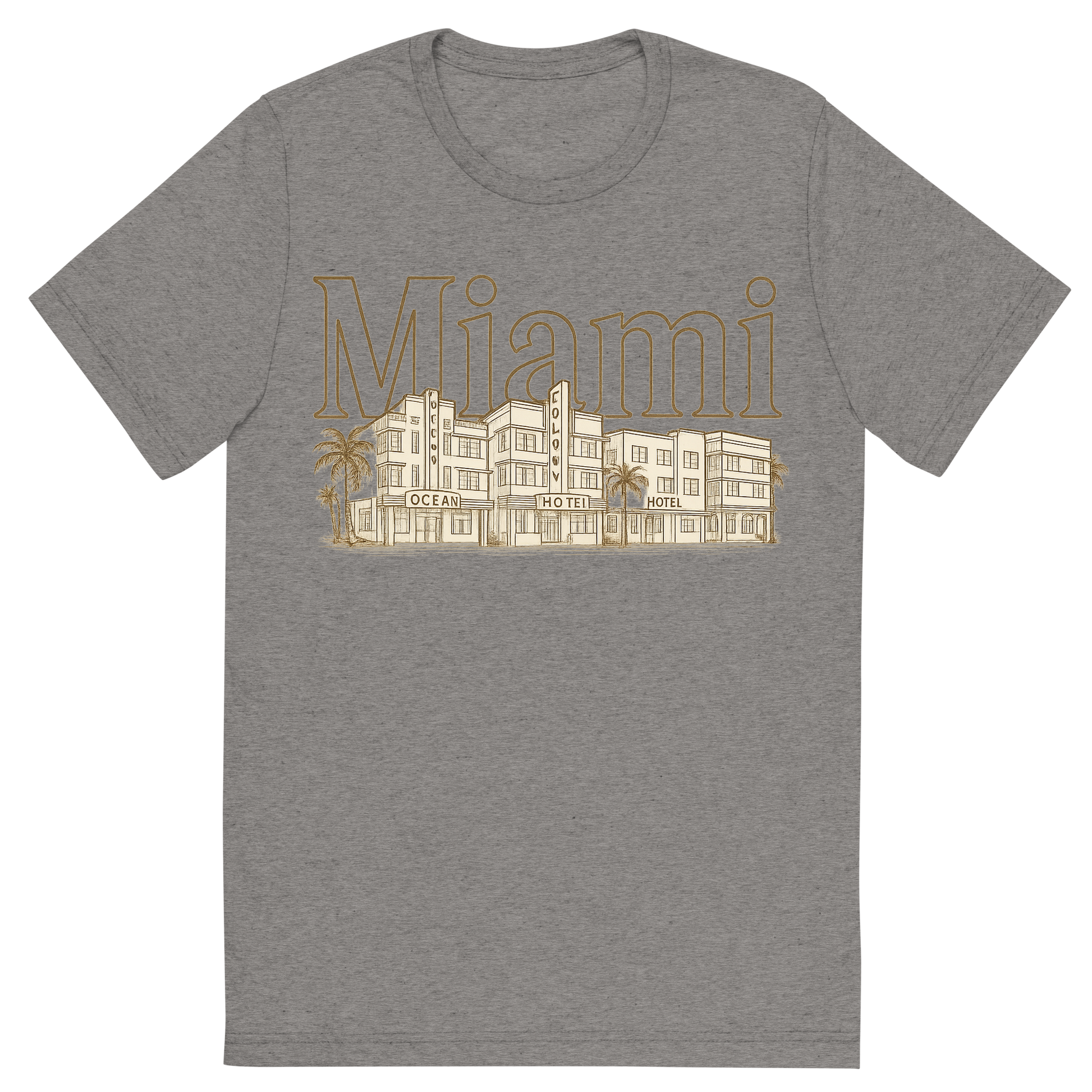 Front view of a Premium Tri-Blend Crew Neck T-Shirt in Grey showing 'A typographic, nostalgic graphic of a typographic illustration of the words 'miami' with a vintage line art drawing of the art deco historic district'