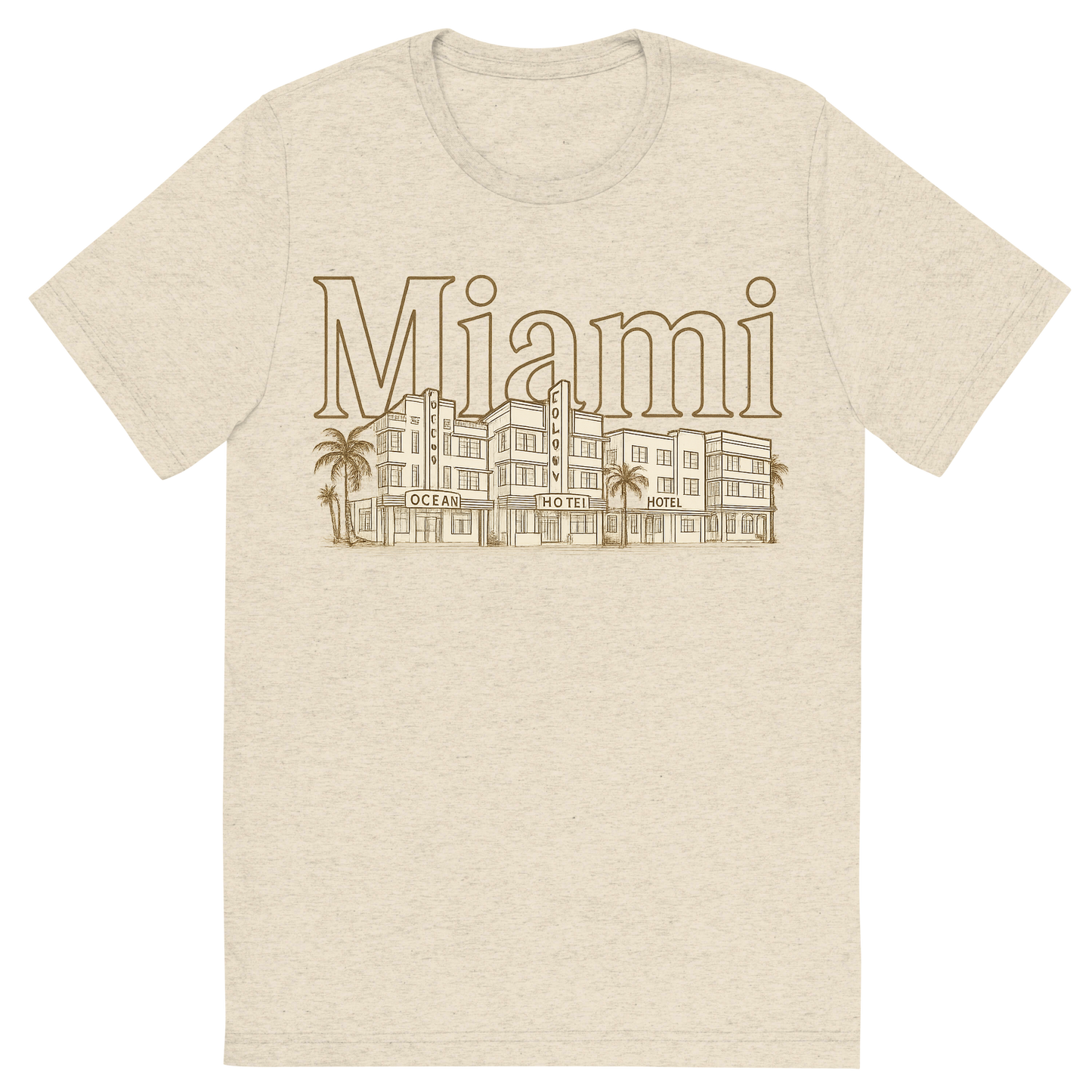 Front view of a Premium Tri-Blend Crew Neck T-Shirt in Oatmeal showing 'A typographic, nostalgic graphic of a typographic illustration of the words 'miami' with a vintage line art drawing of the art deco historic district'