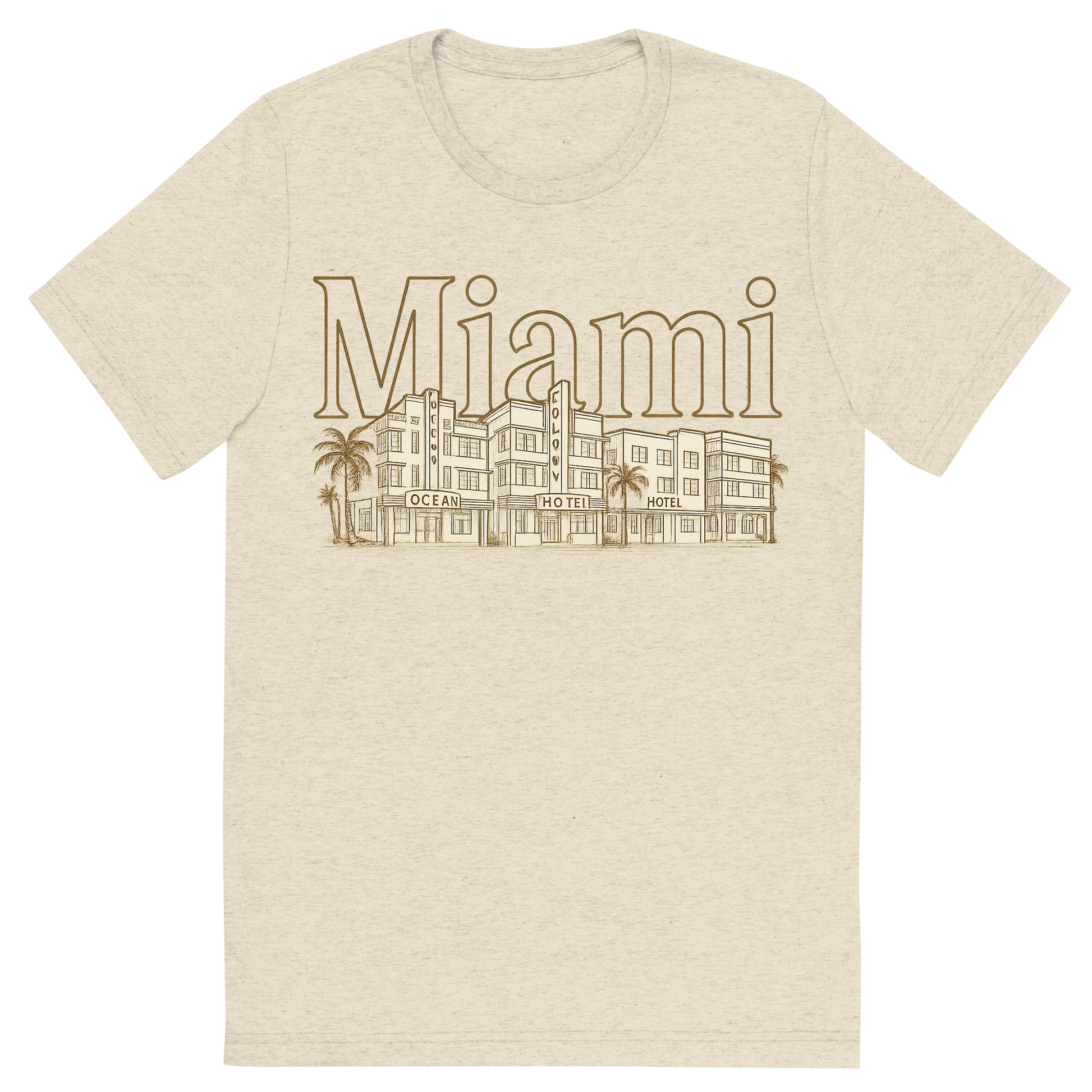 Front view of a Premium Tri-Blend Crew Neck T-Shirt in Oatmeal showing 'A typographic, nostalgic graphic of a typographic illustration of the words 'miami' with a vintage line art drawing of the art deco historic district'