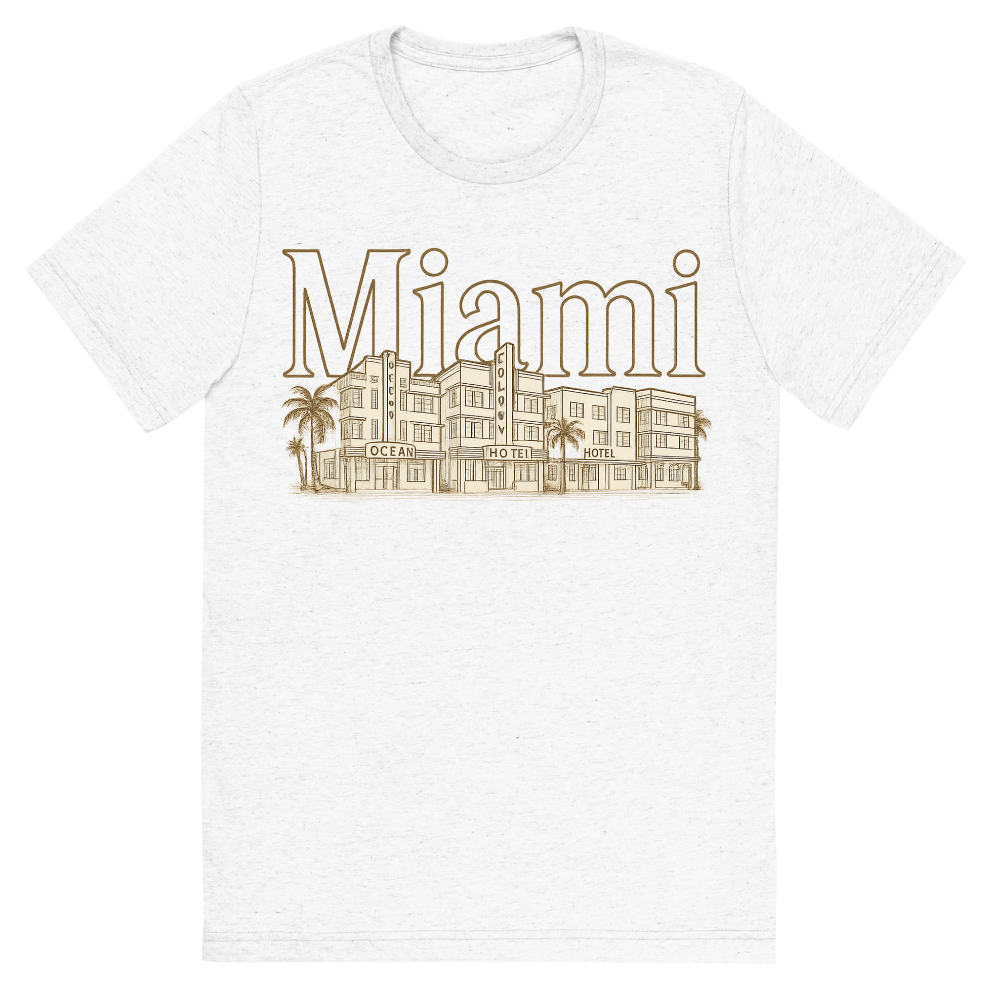 Front view of a Premium Tri-Blend Crew Neck T-Shirt in Solid White showing 'A typographic, nostalgic graphic of a typographic illustration of the words 'miami' with a vintage line art drawing of the art deco historic district'