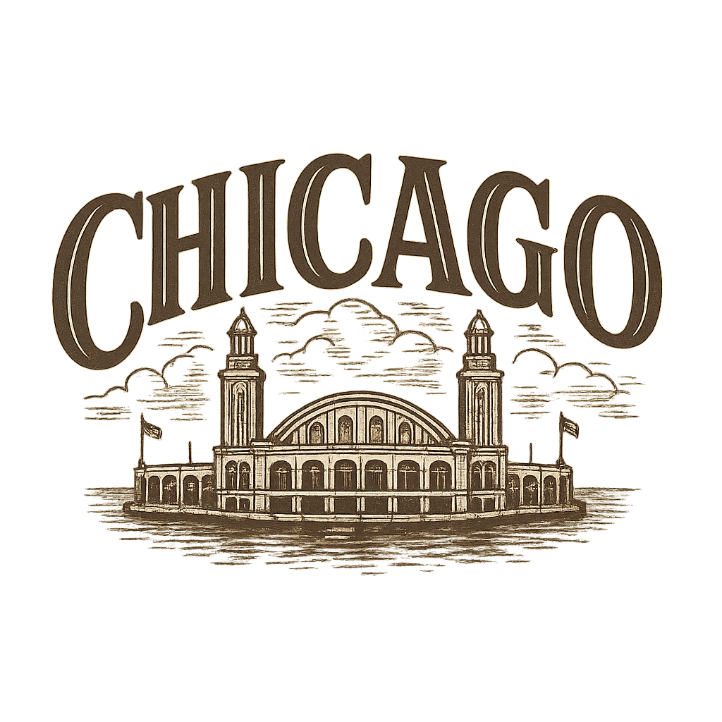 A typographic, nostalgic graphic of a typographic illustration of the words 'chicago' with a vintage line art drawing of navy pier – a t-shirt design