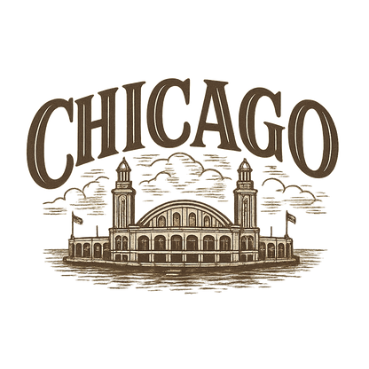 A typographic, nostalgic graphic of a typographic illustration of the words 'chicago' with a vintage line art drawing of navy pier – a t-shirt design