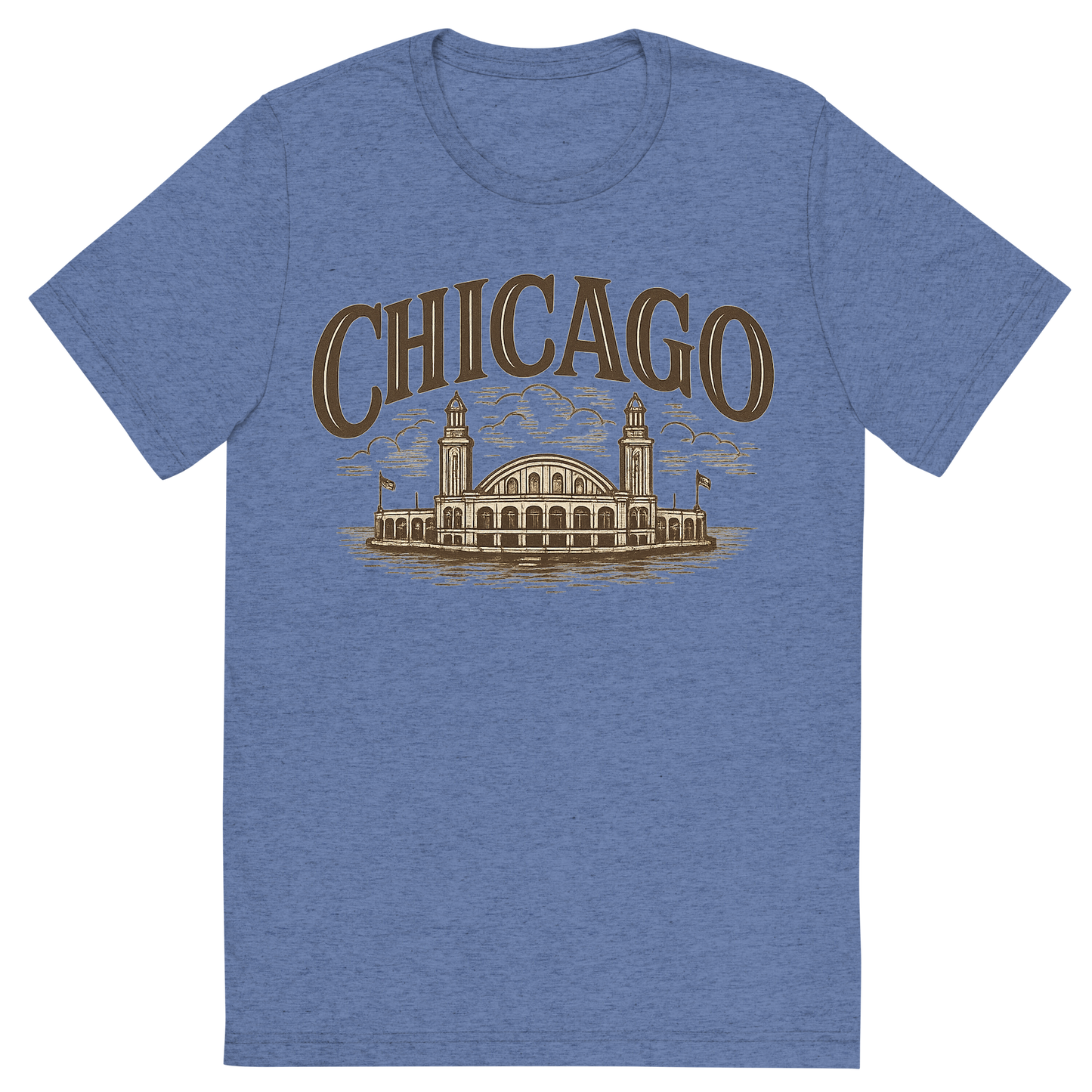 Front view of a Premium Tri-Blend Crew Neck T-Shirt in Blue showing 'A typographic, nostalgic graphic of a typographic illustration of the words 'chicago' with a vintage line art drawing of navy pier'