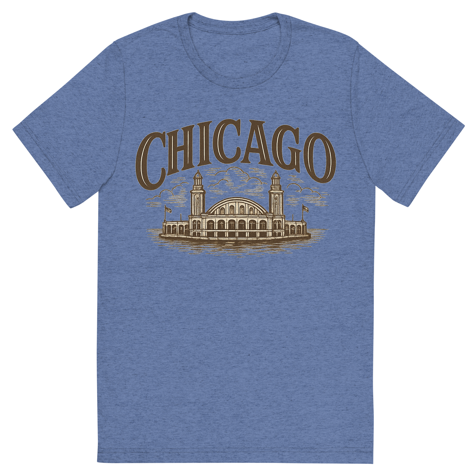 Front view of a Premium Tri-Blend Crew Neck T-Shirt in Blue showing 'A typographic, nostalgic graphic of a typographic illustration of the words 'chicago' with a vintage line art drawing of navy pier'