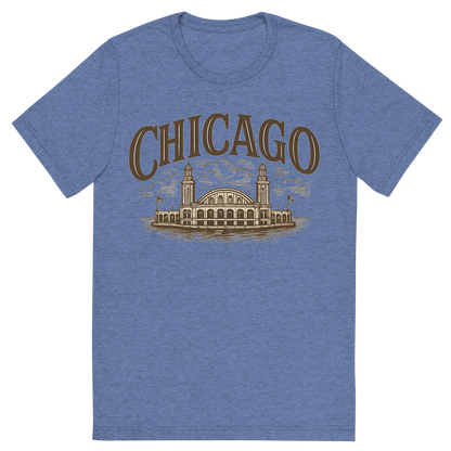 Front view of a Premium Tri-Blend Crew Neck T-Shirt in Blue showing 'A typographic, nostalgic graphic of a typographic illustration of the words 'chicago' with a vintage line art drawing of navy pier'
