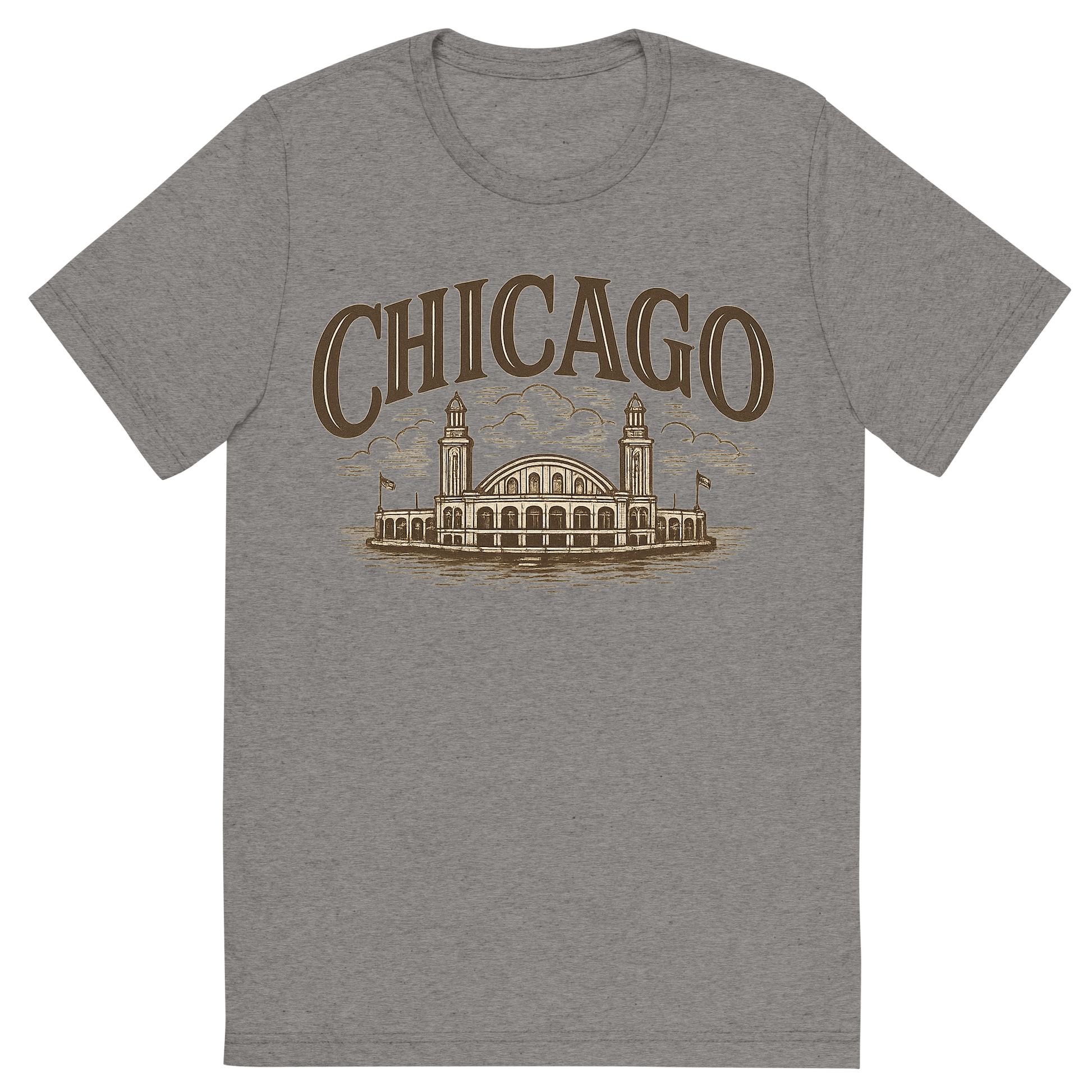 Front view of a Premium Tri-Blend Crew Neck T-Shirt in Grey showing 'A typographic, nostalgic graphic of a typographic illustration of the words 'chicago' with a vintage line art drawing of navy pier'