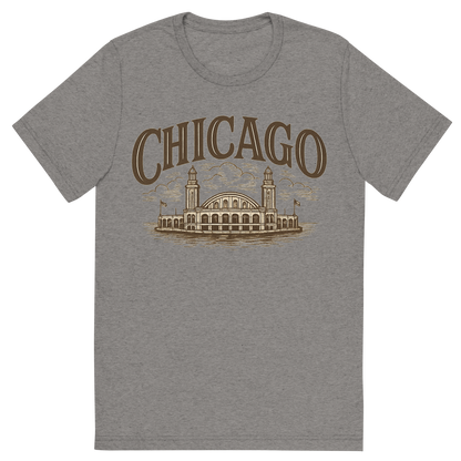 Front view of a Premium Tri-Blend Crew Neck T-Shirt in Grey showing 'A typographic, nostalgic graphic of a typographic illustration of the words 'chicago' with a vintage line art drawing of navy pier'