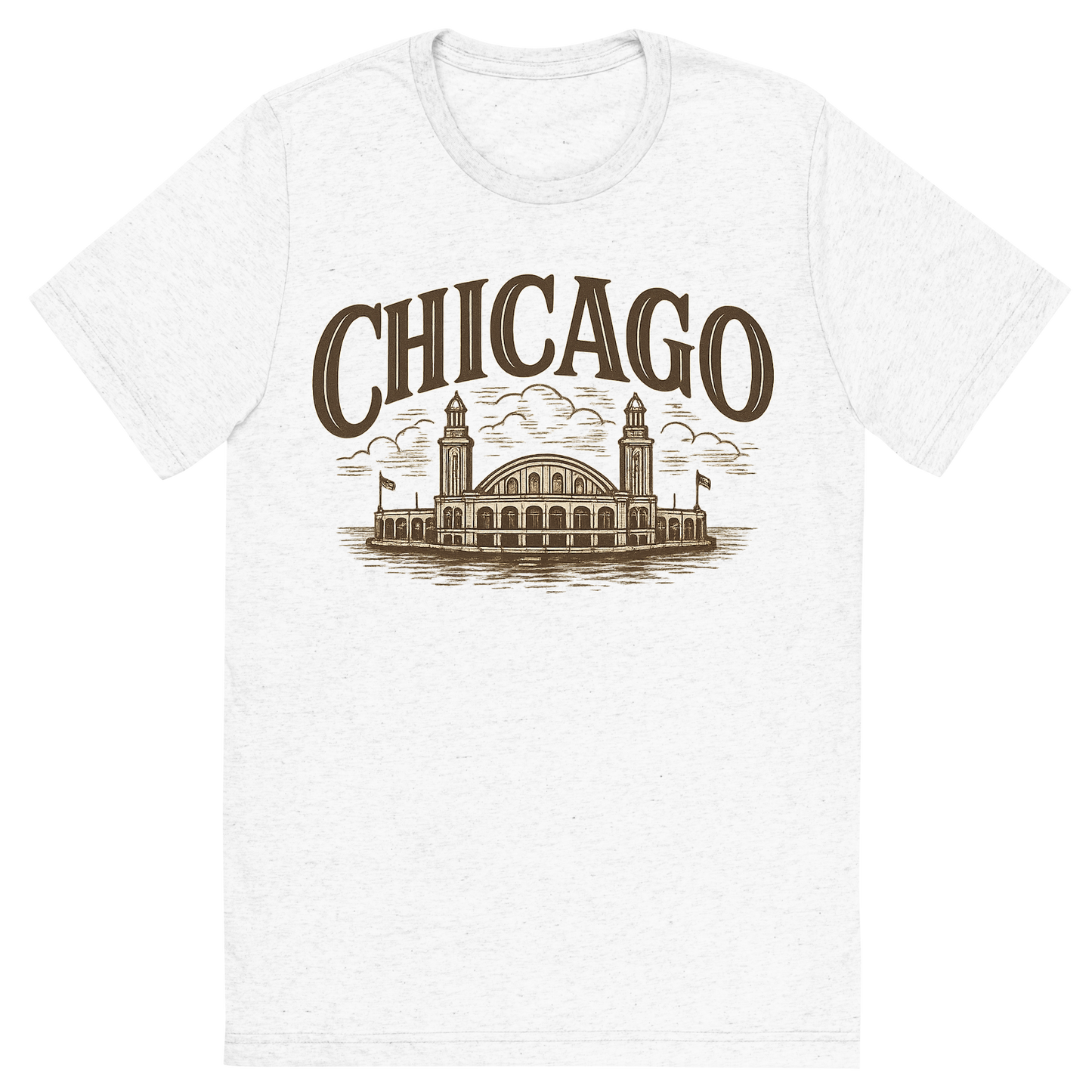 Front view of a Premium Tri-Blend Crew Neck T-Shirt in Solid White showing 'A typographic, nostalgic graphic of a typographic illustration of the words 'chicago' with a vintage line art drawing of navy pier'