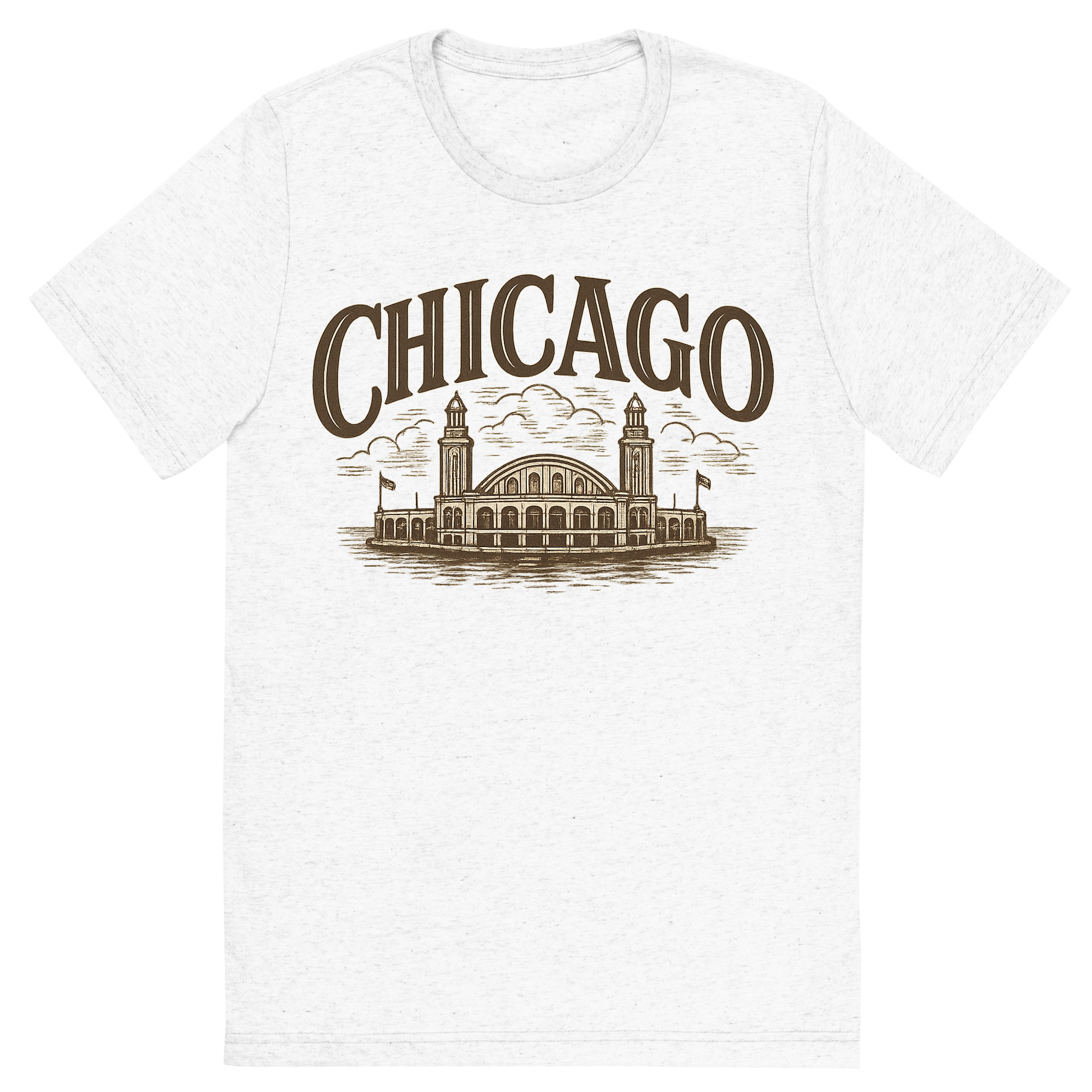 Front view of a Premium Tri-Blend Crew Neck T-Shirt in Solid White showing 'A typographic, nostalgic graphic of a typographic illustration of the words 'chicago' with a vintage line art drawing of navy pier'