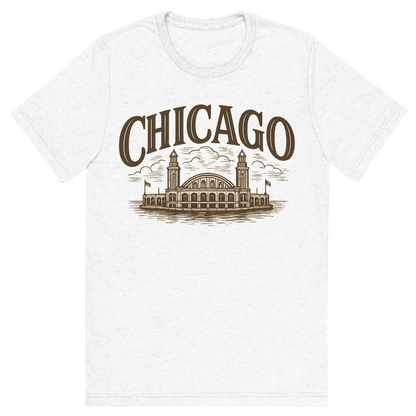 Front view of a Premium Tri-Blend Crew Neck T-Shirt in Solid White showing 'A typographic, nostalgic graphic of a typographic illustration of the words 'chicago' with a vintage line art drawing of navy pier'