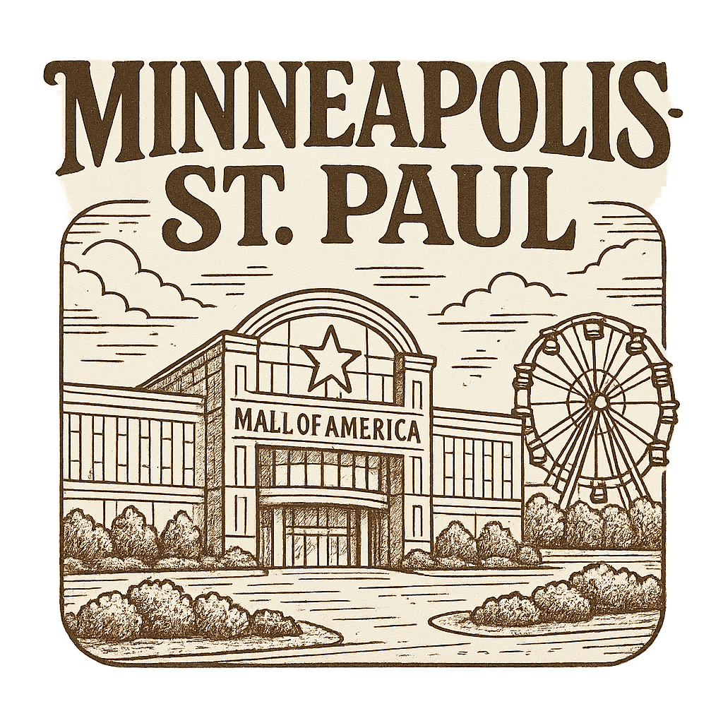 A typographic, nostalgic graphic of a typographic illustration of the words 'minneapolis-st. paul' with a vintage line art drawing of the mall of america – a t-shirt design