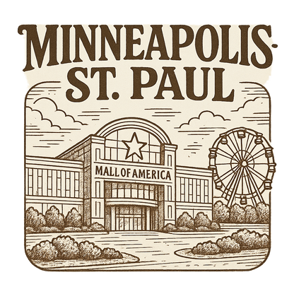 A typographic, nostalgic graphic of a typographic illustration of the words 'minneapolis-st. paul' with a vintage line art drawing of the mall of america – a t-shirt design
