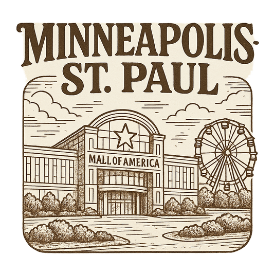 A typographic, nostalgic graphic of a typographic illustration of the words 'minneapolis-st. paul' with a vintage line art drawing of the mall of america – a t-shirt design