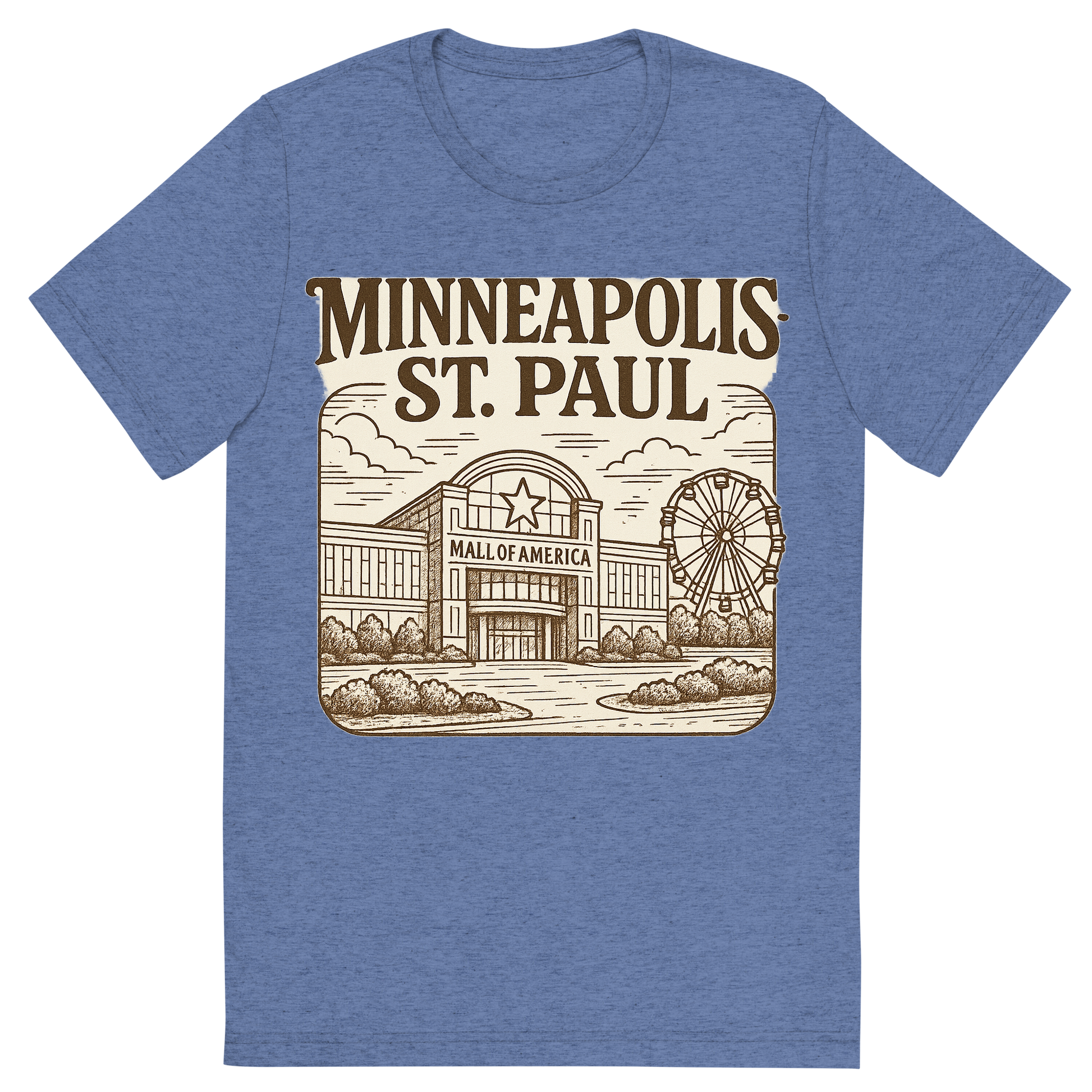 Front view of a Premium Tri-Blend Crew Neck T-Shirt in Blue showing 'A typographic, nostalgic graphic of a typographic illustration of the words 'minneapolis-st. paul' with a vintage line art drawing of the mall of america'