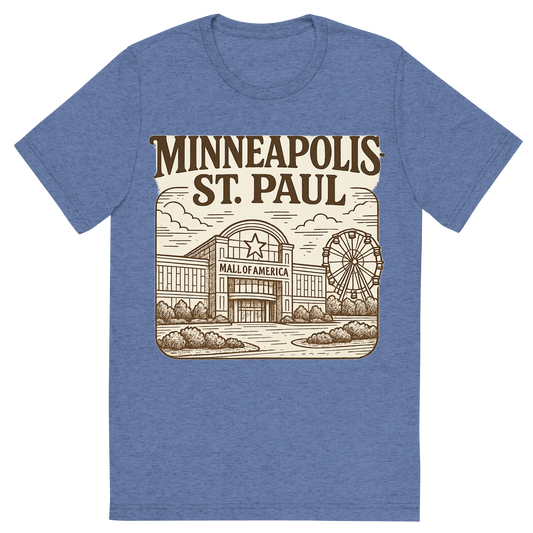 Front view of a Premium Tri-Blend Crew Neck T-Shirt in Blue showing 'A typographic, nostalgic graphic of a typographic illustration of the words 'minneapolis-st. paul' with a vintage line art drawing of the mall of america'