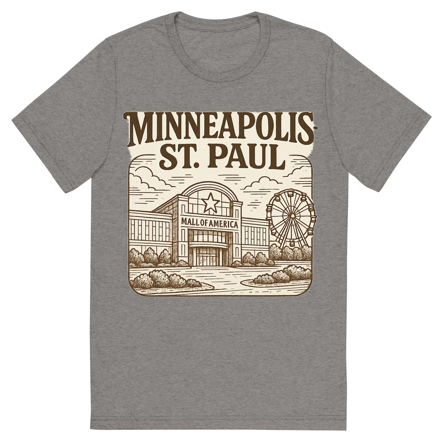 Front view of a Premium Tri-Blend Crew Neck T-Shirt in Grey showing 'A typographic, nostalgic graphic of a typographic illustration of the words 'minneapolis-st. paul' with a vintage line art drawing of the mall of america'