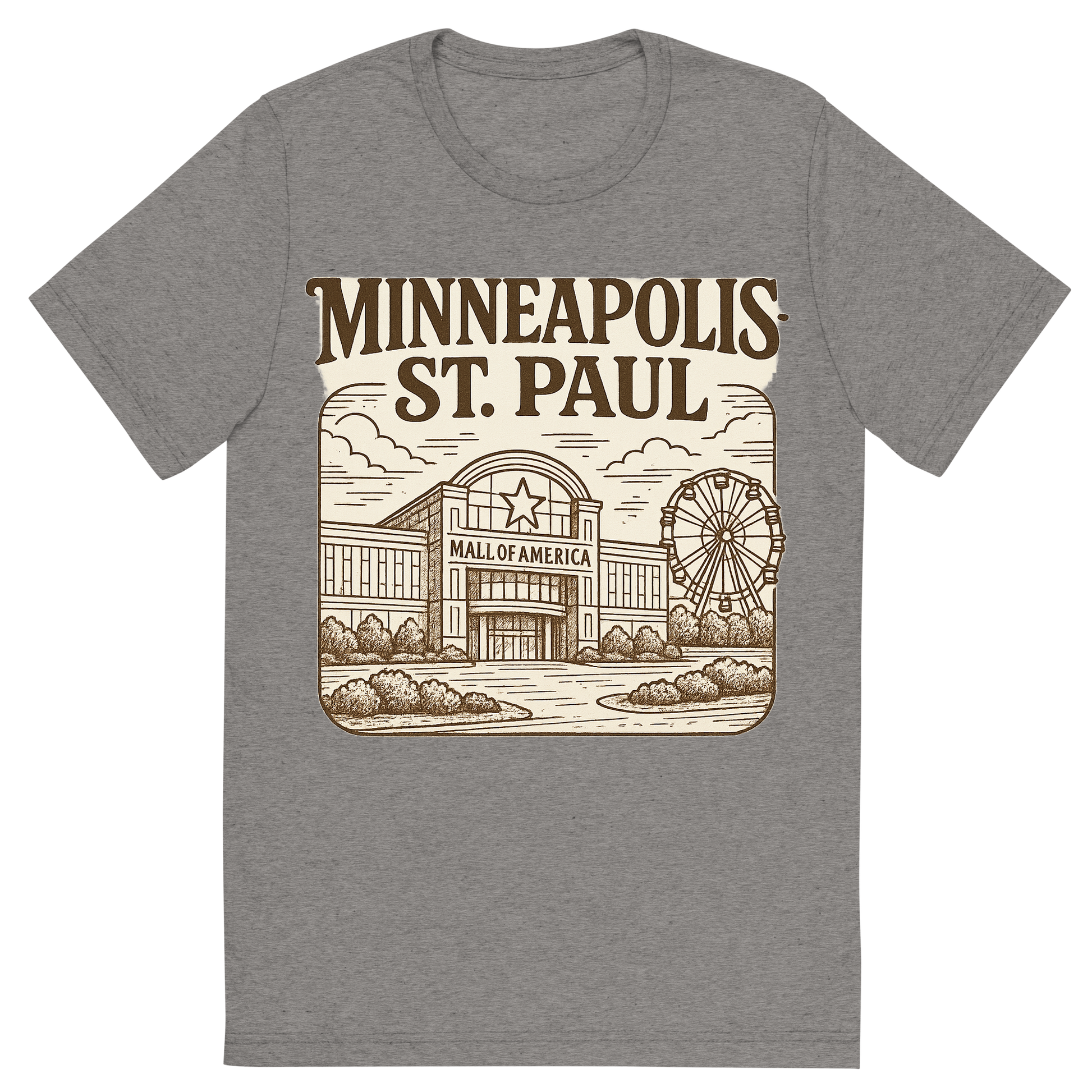 Front view of a Premium Tri-Blend Crew Neck T-Shirt in Grey showing 'A typographic, nostalgic graphic of a typographic illustration of the words 'minneapolis-st. paul' with a vintage line art drawing of the mall of america'