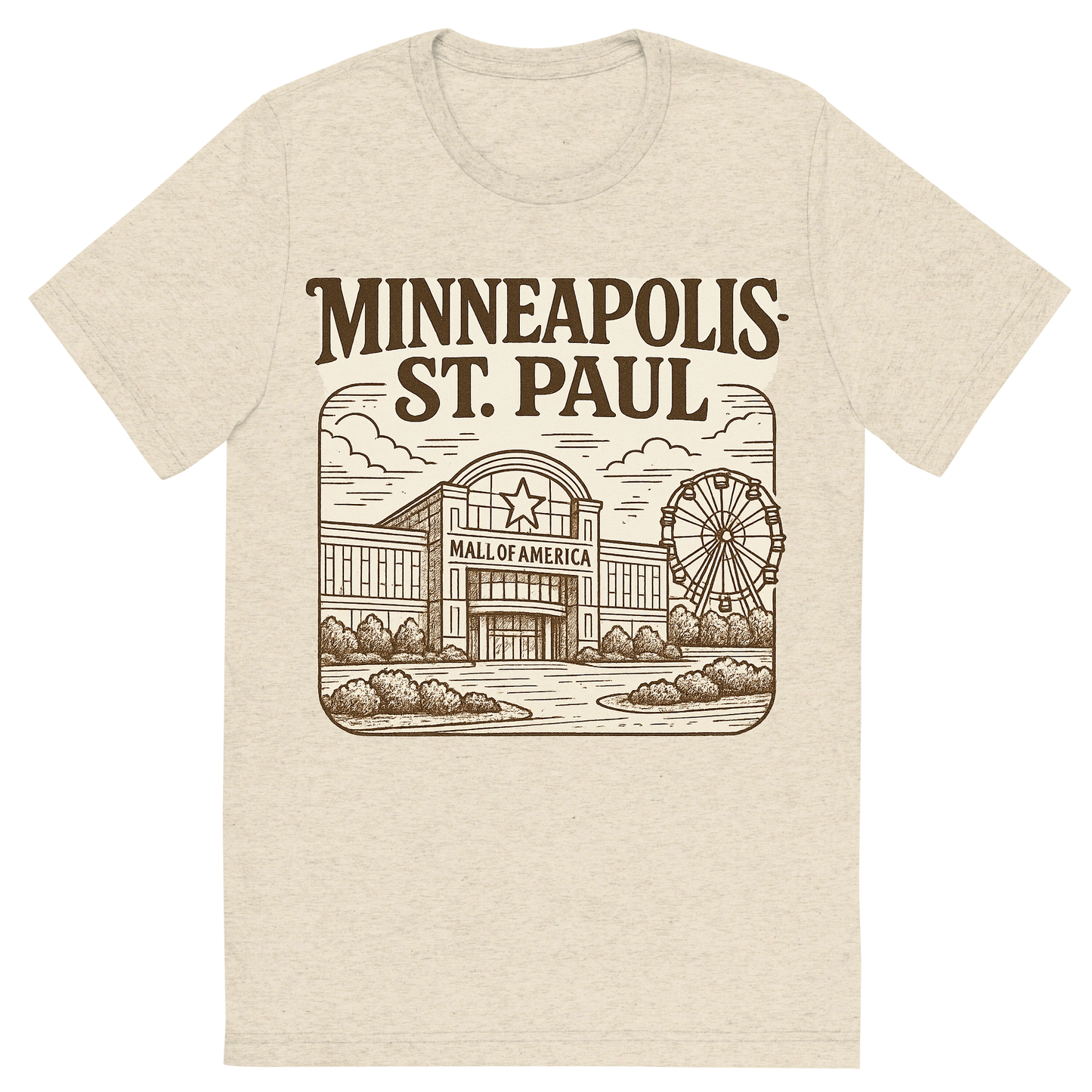 Front view of a Premium Tri-Blend Crew Neck T-Shirt in Oatmeal showing 'A typographic, nostalgic graphic of a typographic illustration of the words 'minneapolis-st. paul' with a vintage line art drawing of the mall of america'