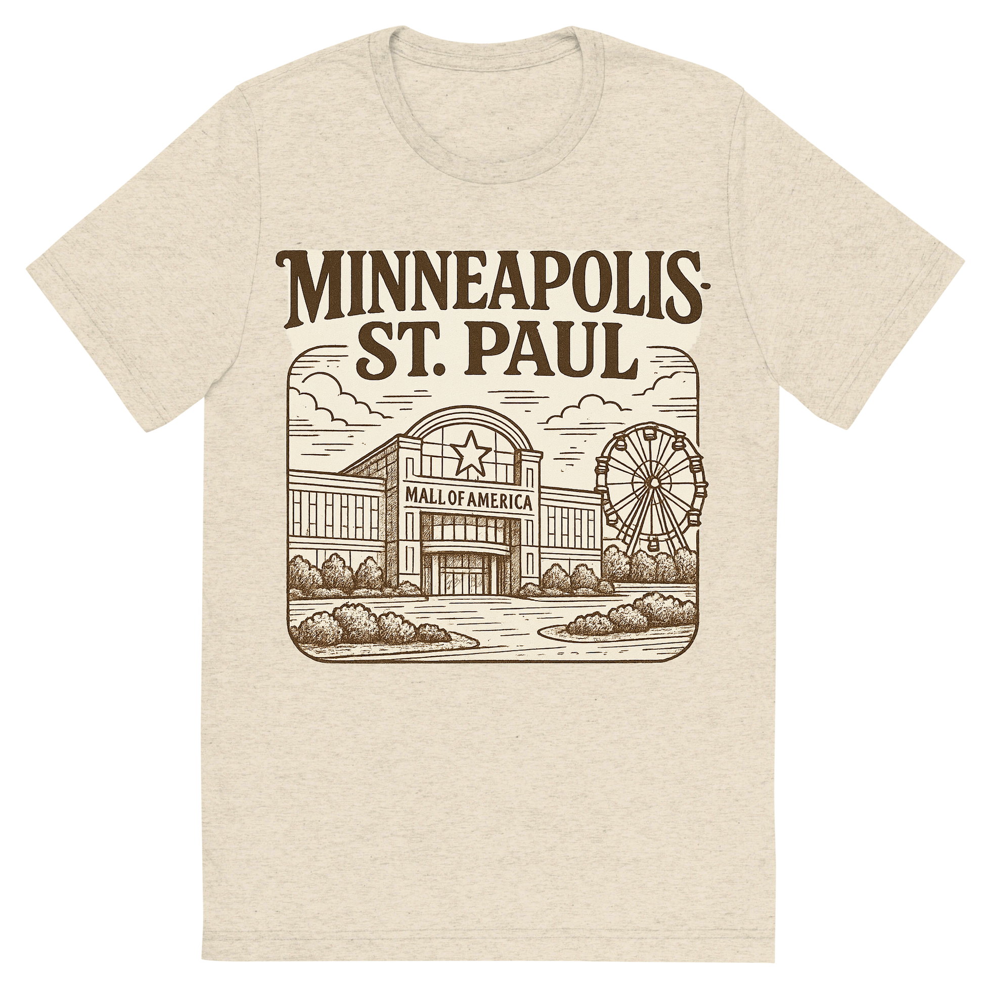 Front view of a Premium Tri-Blend Crew Neck T-Shirt in Oatmeal showing 'A typographic, nostalgic graphic of a typographic illustration of the words 'minneapolis-st. paul' with a vintage line art drawing of the mall of america'