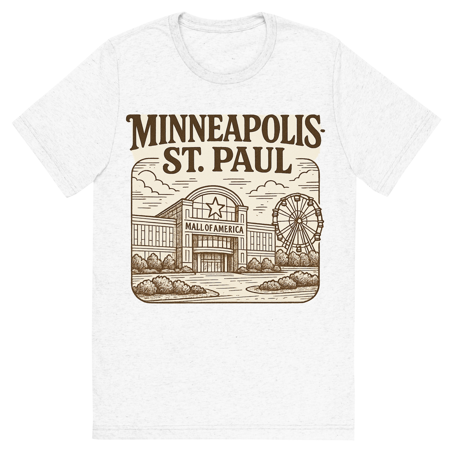 Front view of a Premium Tri-Blend Crew Neck T-Shirt in Solid White showing 'A typographic, nostalgic graphic of a typographic illustration of the words 'minneapolis-st. paul' with a vintage line art drawing of the mall of america'