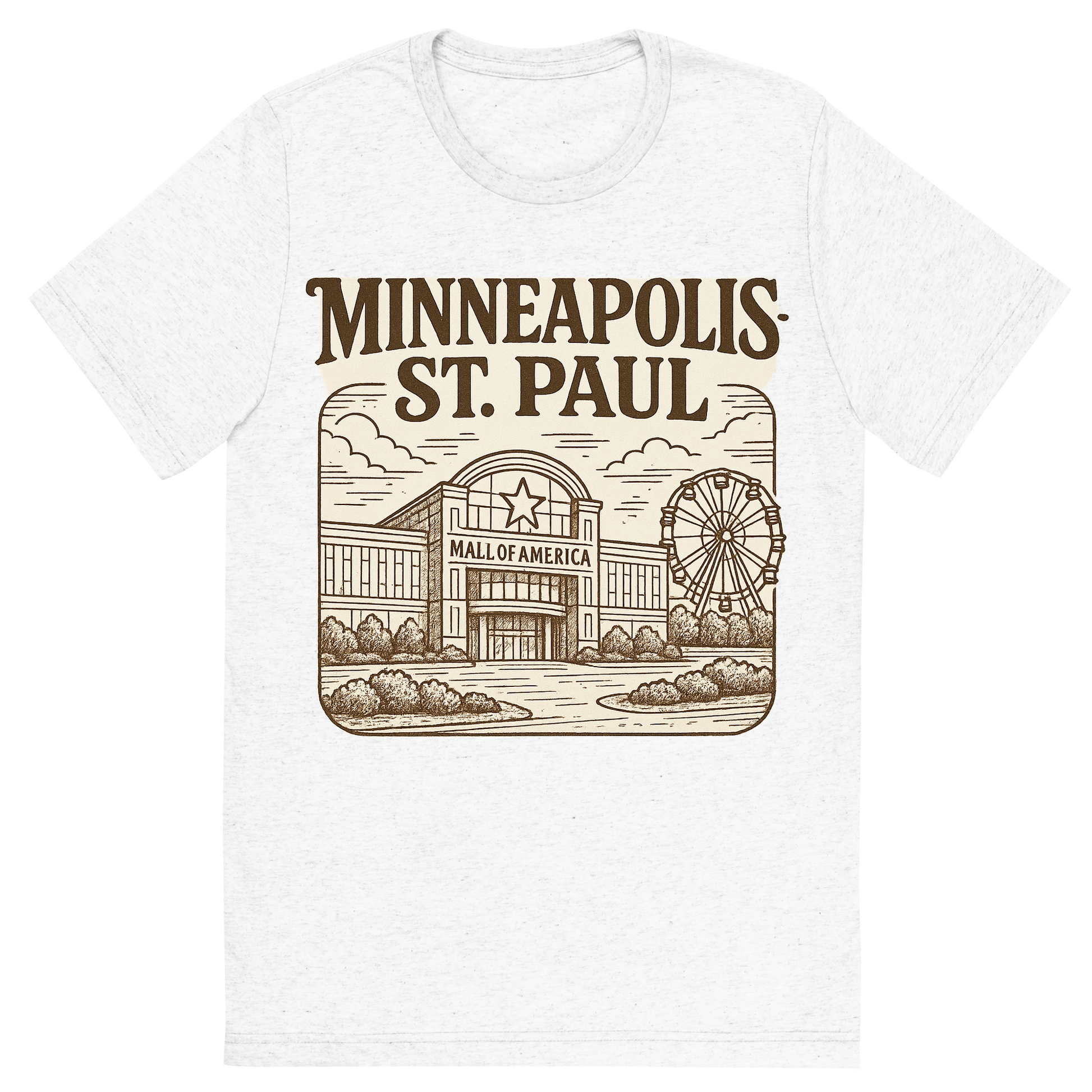 Front view of a Premium Tri-Blend Crew Neck T-Shirt in Solid White showing 'A typographic, nostalgic graphic of a typographic illustration of the words 'minneapolis-st. paul' with a vintage line art drawing of the mall of america'