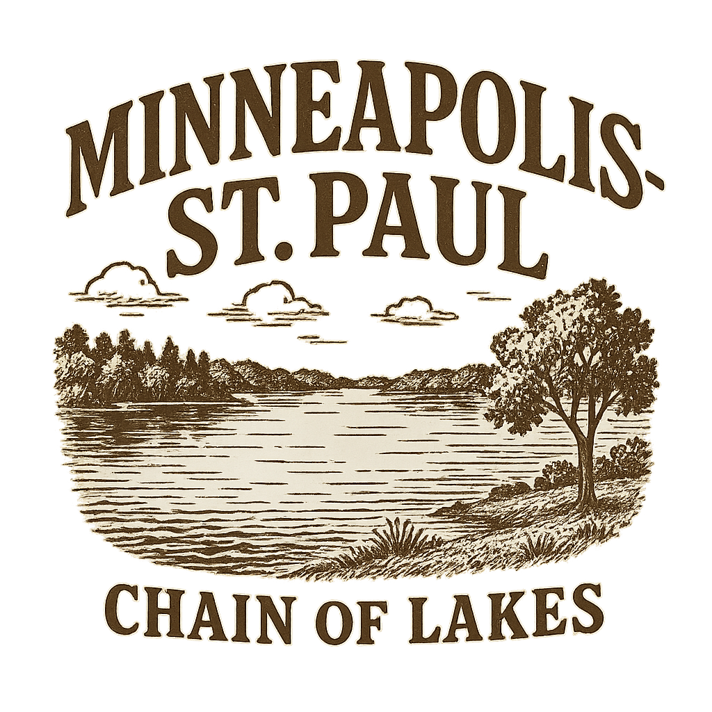 A typographic, nostalgic graphic of a typographic illustration of the words 'minneapolis-st. paul' with a vintage line art drawing of the chain of lakes – a t-shirt design