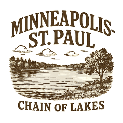 A typographic, nostalgic graphic of a typographic illustration of the words 'minneapolis-st. paul' with a vintage line art drawing of the chain of lakes – a t-shirt design