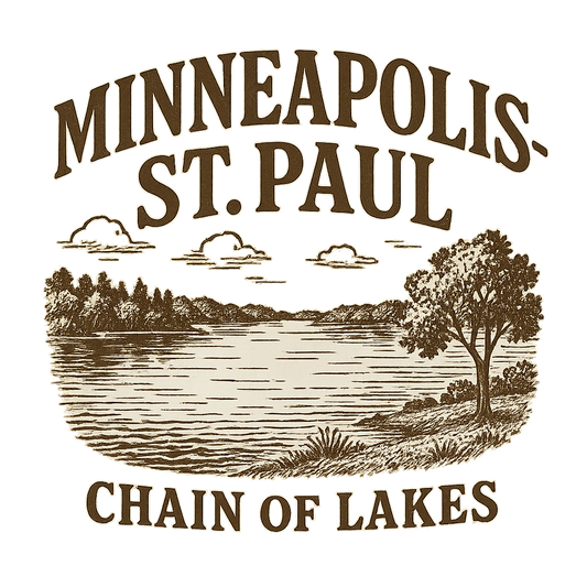 A typographic, nostalgic graphic of a typographic illustration of the words 'minneapolis-st. paul' with a vintage line art drawing of the chain of lakes – a t-shirt design