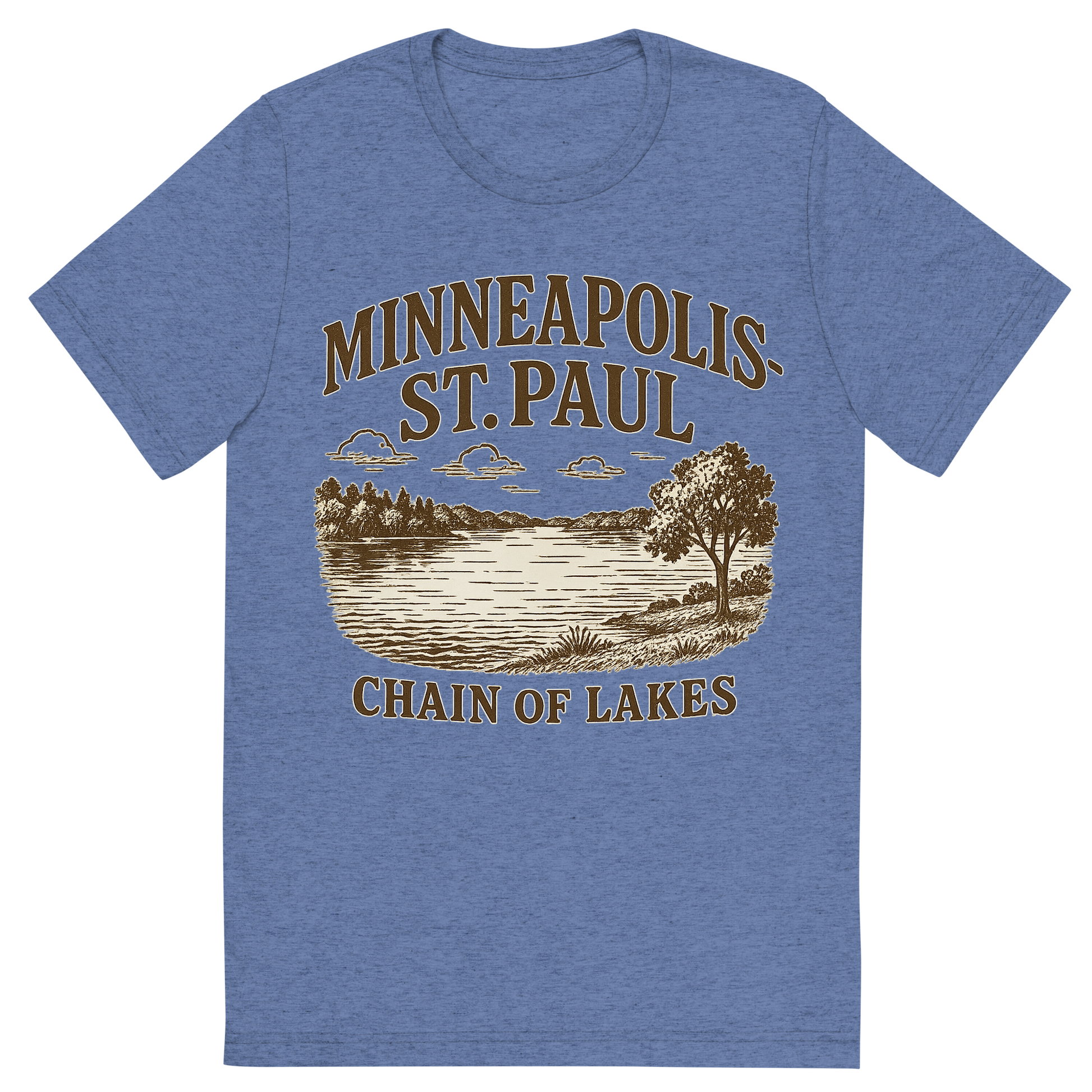 Front view of a Premium Tri-Blend Crew Neck T-Shirt in Blue showing 'A typographic, nostalgic graphic of a typographic illustration of the words 'minneapolis-st. paul' with a vintage line art drawing of the chain of lakes'