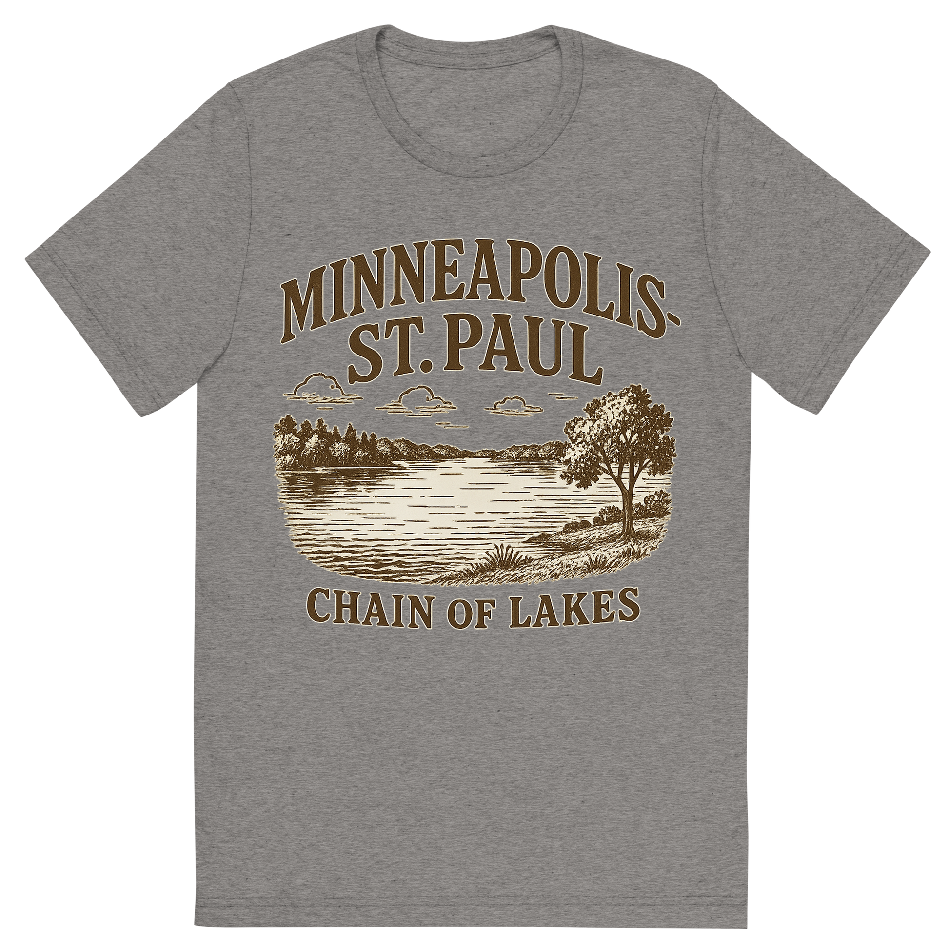 Front view of a Premium Tri-Blend Crew Neck T-Shirt in Grey showing 'A typographic, nostalgic graphic of a typographic illustration of the words 'minneapolis-st. paul' with a vintage line art drawing of the chain of lakes'