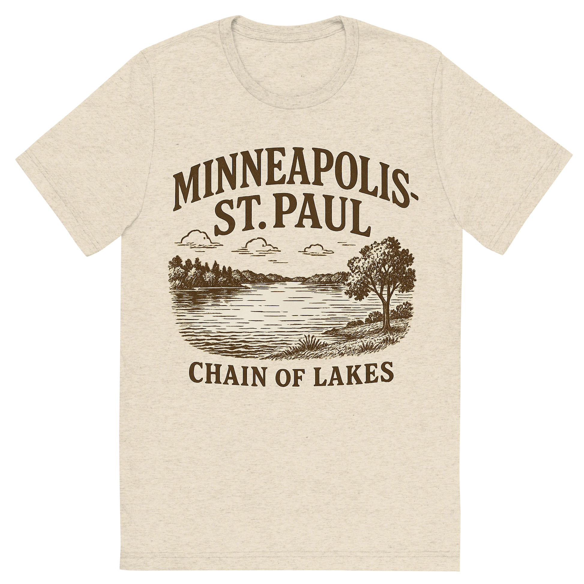 Front view of a Premium Tri-Blend Crew Neck T-Shirt in Oatmeal showing 'A typographic, nostalgic graphic of a typographic illustration of the words 'minneapolis-st. paul' with a vintage line art drawing of the chain of lakes'