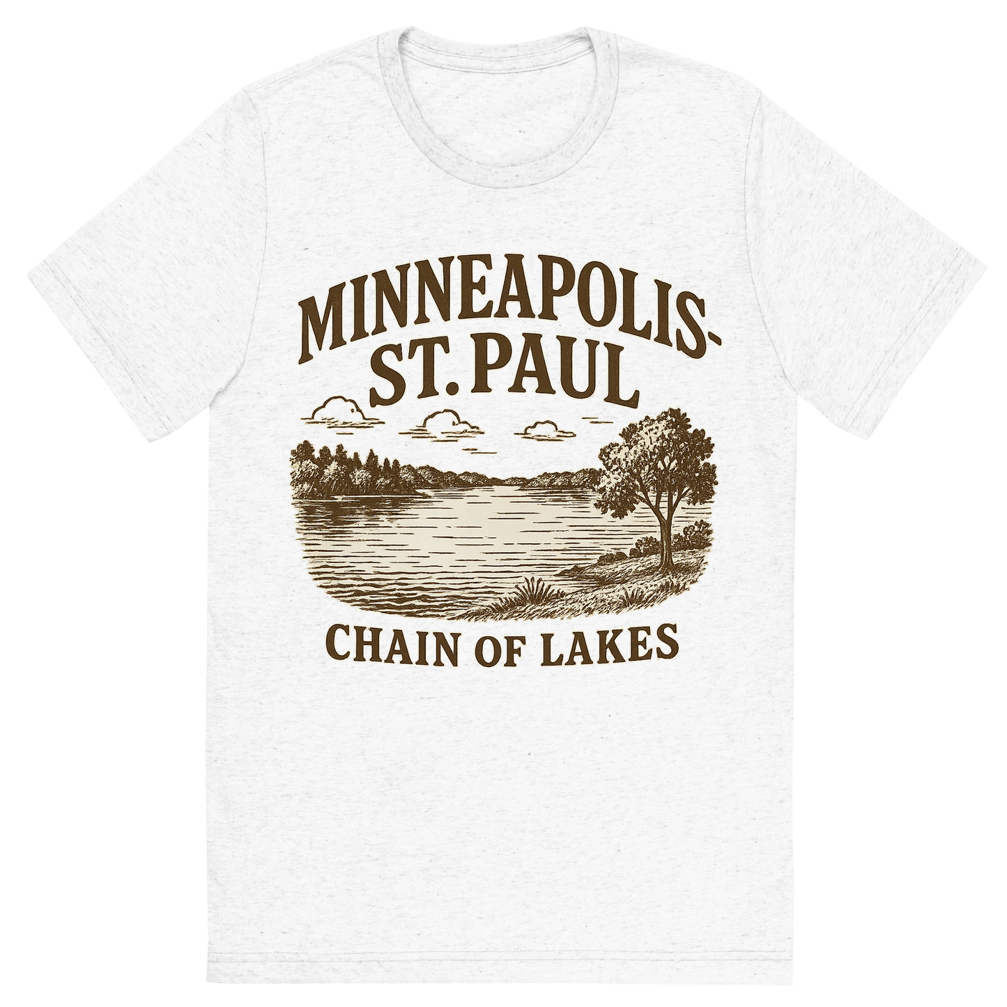 Front view of a Premium Tri-Blend Crew Neck T-Shirt in Solid White showing 'A typographic, nostalgic graphic of a typographic illustration of the words 'minneapolis-st. paul' with a vintage line art drawing of the chain of lakes'