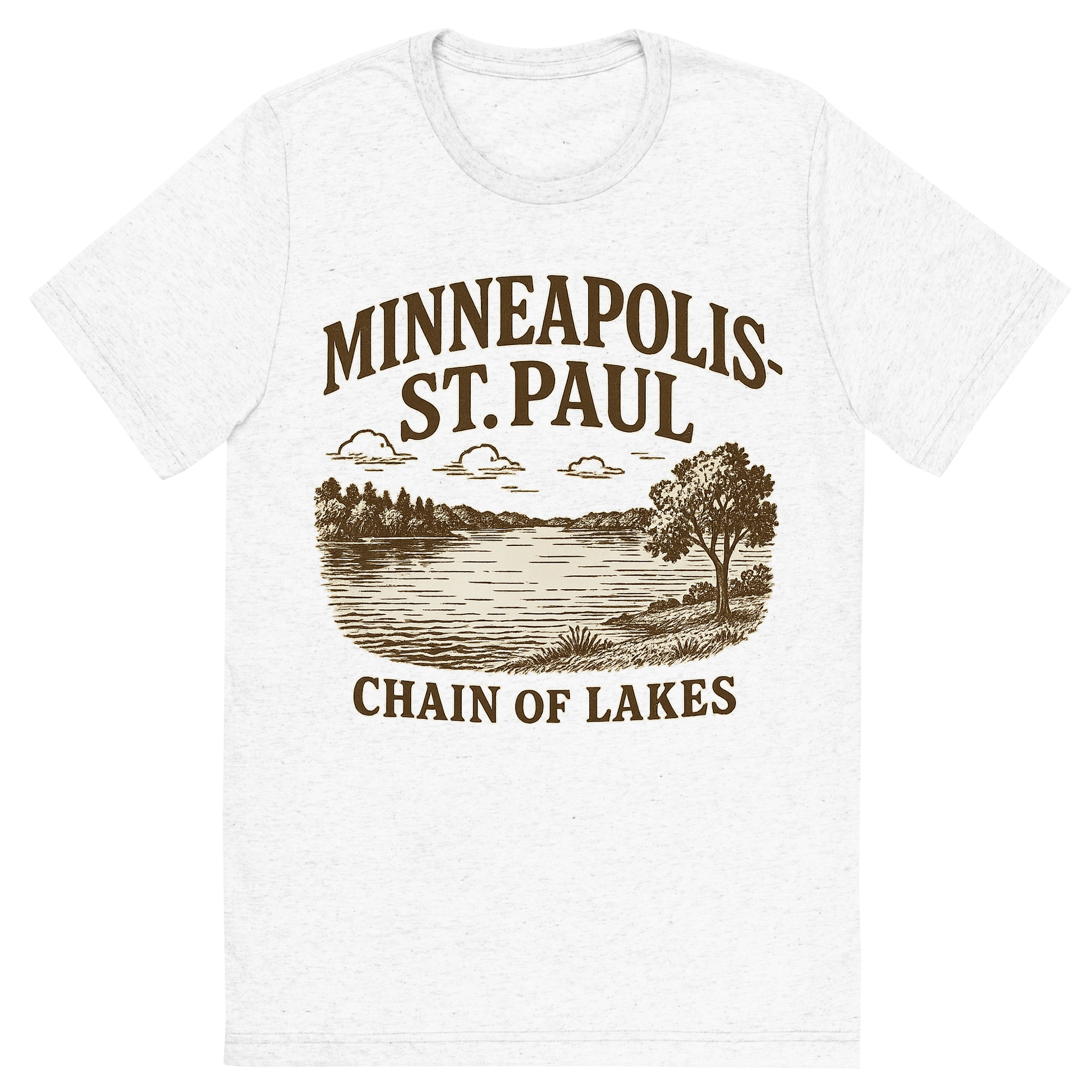 Front view of a Premium Tri-Blend Crew Neck T-Shirt in Solid White showing 'A typographic, nostalgic graphic of a typographic illustration of the words 'minneapolis-st. paul' with a vintage line art drawing of the chain of lakes'