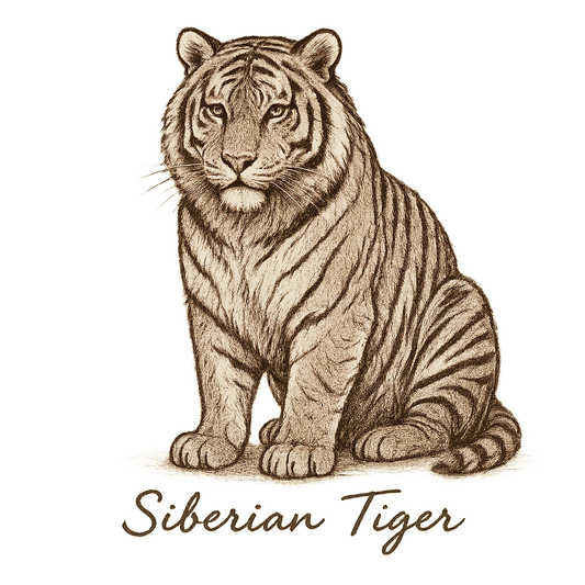 A flat, neutral graphic of a powerful sketch of a siberian tiger with thick fur and distinctive striping. “siberian tiger” is written below in elegant handwriting. – a t-shirt design