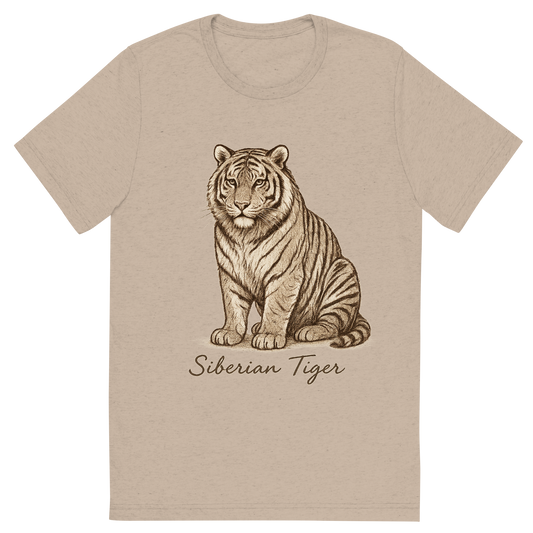 Front view of a Premium Tri-Blend Crew Neck T-Shirt in Tan showing 'A flat, neutral graphic of a powerful sketch of a siberian tiger with thick fur and distinctive striping. “siberian tiger” is written below in elegant handwriting.'