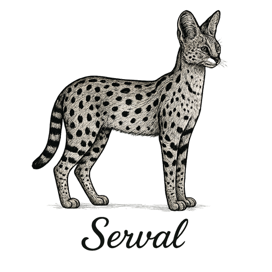 A flat, neutral graphic of a tall and slender serval drawn in profile with long legs and large ears. “serval” is written below in elegant script. detailed ink illustration on a white background. - a t-shirt design