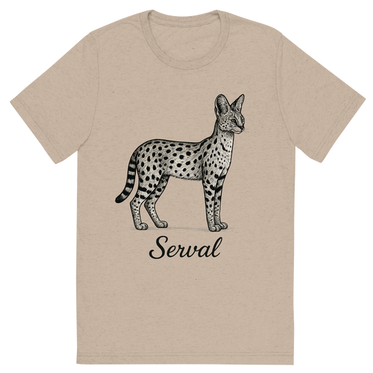 Front view of a Premium Tri-Blend Crew Neck T-Shirt in Tan showing 'A flat, neutral graphic of a tall and slender serval drawn in profile with long legs and large ears. “serval” is written below in elegant script. detailed ink illustration on a white background.'