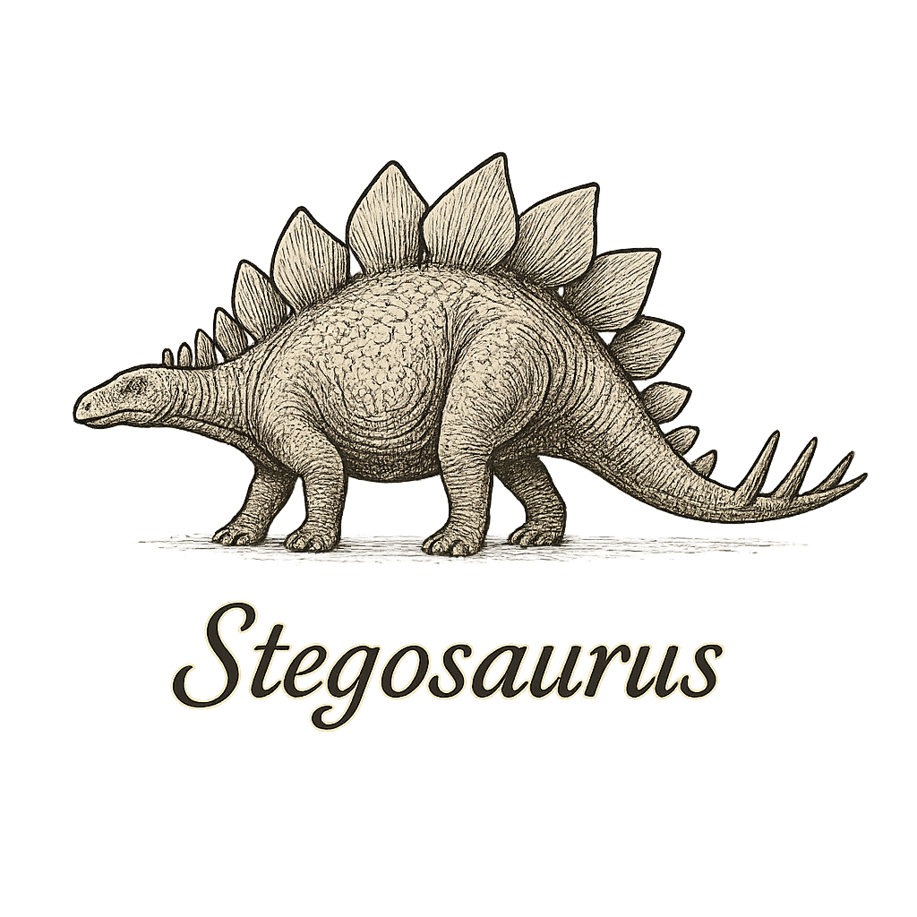 A flat, neutral graphic of a drawing of a stegosaurus with its distinctive plated back and spiked tail. “stegosaurus” is written beneath in elegant script. ink illustration on a white background. - a t-shirt design