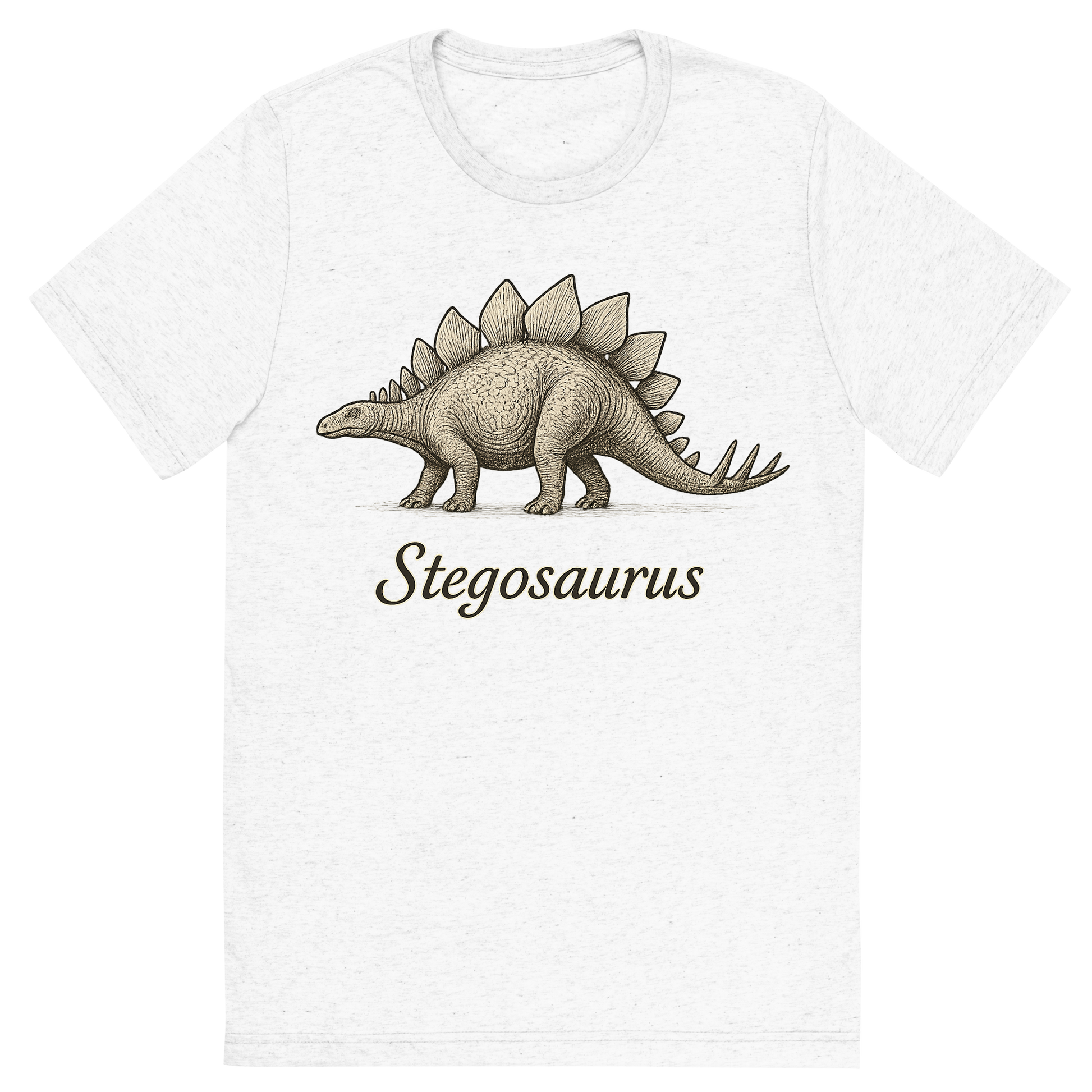 Front view of a Premium Tri-Blend Crew Neck T-Shirt in Solid White showing 'A flat, neutral graphic of a drawing of a stegosaurus with its distinctive plated back and spiked tail. “stegosaurus” is written beneath in elegant script. ink illustration on a white background.'