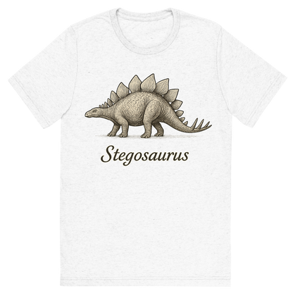 Front view of a Premium Tri-Blend Crew Neck T-Shirt in Solid White showing 'A flat, neutral graphic of a drawing of a stegosaurus with its distinctive plated back and spiked tail. “stegosaurus” is written beneath in elegant script. ink illustration on a white background.'