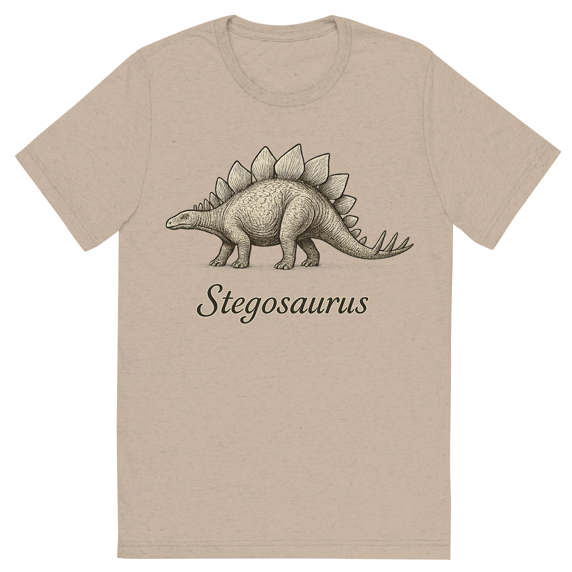 Front view of a Premium Tri-Blend Crew Neck T-Shirt in Tan showing 'A flat, neutral graphic of a drawing of a stegosaurus with its distinctive plated back and spiked tail. “stegosaurus” is written beneath in elegant script. ink illustration on a white background.'