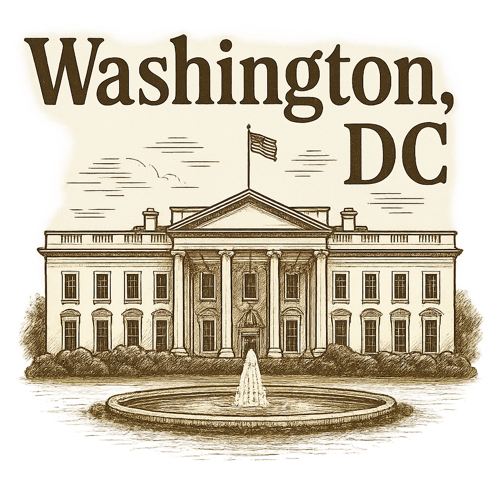 A typographic, nostalgic graphic of a typographic illustration of the words 'washington, dc' with a vintage line art drawing of the the white house – a t-shirt design