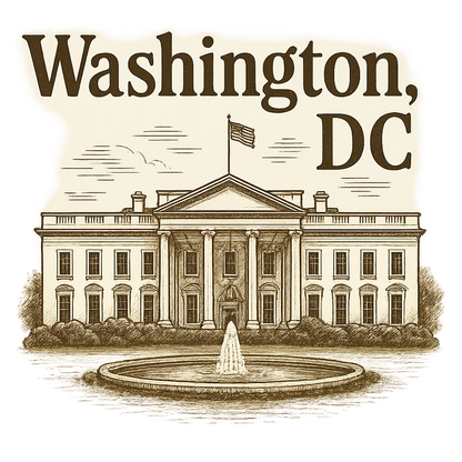 A typographic, nostalgic graphic of a typographic illustration of the words 'washington, dc' with a vintage line art drawing of the the white house – a t-shirt design