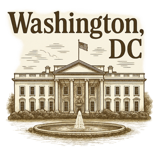A typographic, nostalgic graphic of a typographic illustration of the words 'washington, dc' with a vintage line art drawing of the the white house – a t-shirt design