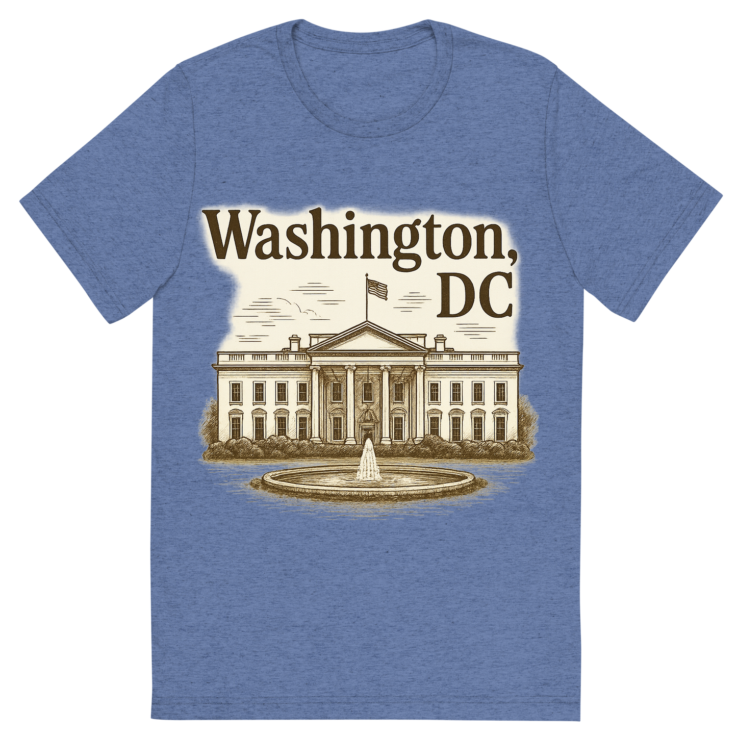 Front view of a Premium Tri-Blend Crew Neck T-Shirt in Blue showing 'A typographic, nostalgic graphic of a typographic illustration of the words 'washington, dc' with a vintage line art drawing of the the white house'