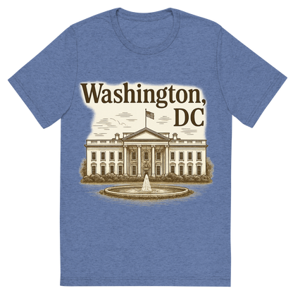 Front view of a Premium Tri-Blend Crew Neck T-Shirt in Blue showing 'A typographic, nostalgic graphic of a typographic illustration of the words 'washington, dc' with a vintage line art drawing of the the white house'