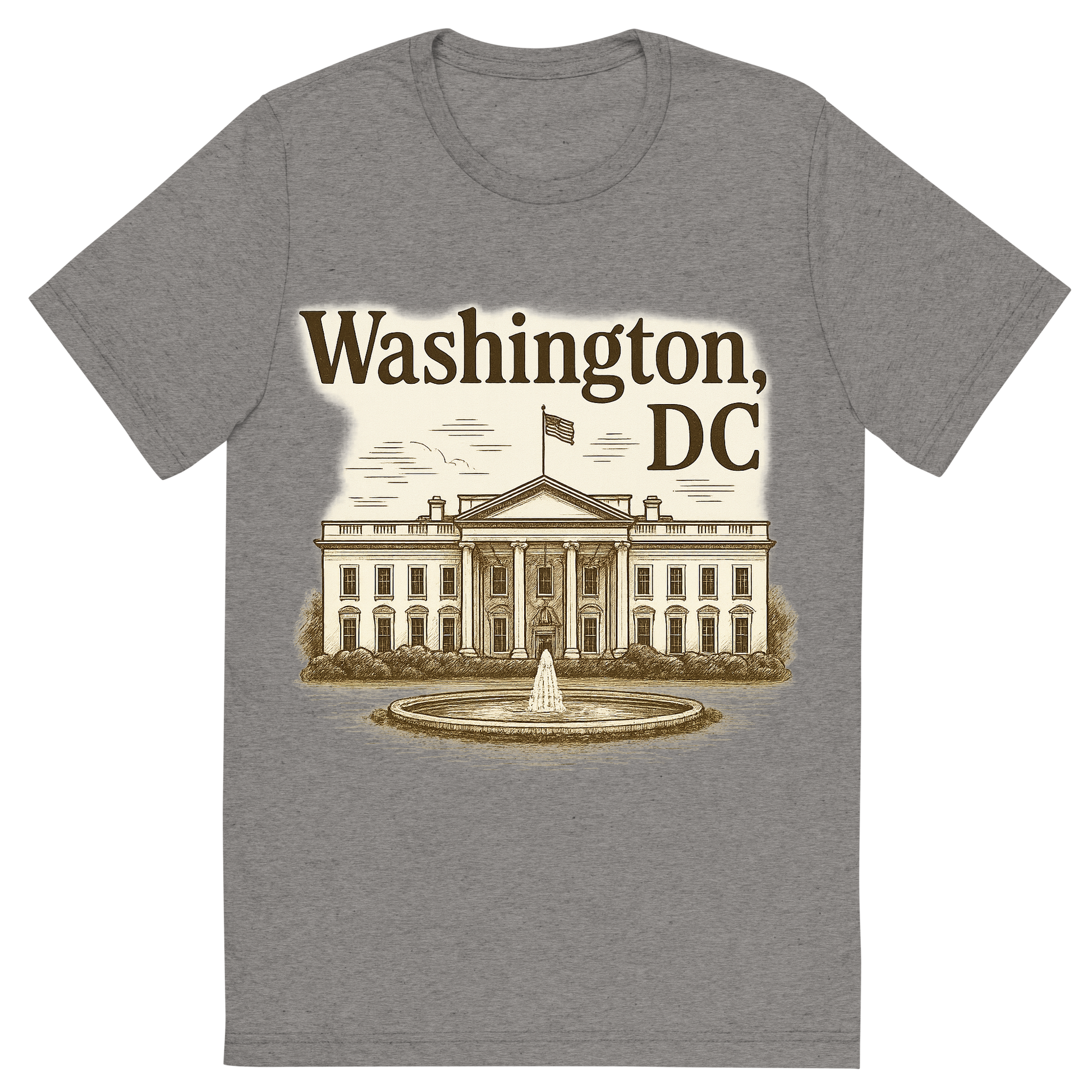 Front view of a Premium Tri-Blend Crew Neck T-Shirt in Grey showing 'A typographic, nostalgic graphic of a typographic illustration of the words 'washington, dc' with a vintage line art drawing of the the white house'