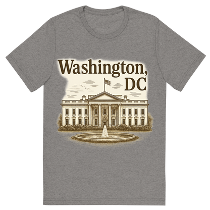 Front view of a Premium Tri-Blend Crew Neck T-Shirt in Grey showing 'A typographic, nostalgic graphic of a typographic illustration of the words 'washington, dc' with a vintage line art drawing of the the white house'