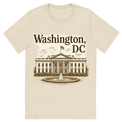 Front view of a Premium Tri-Blend Crew Neck T-Shirt in Oatmeal showing 'A typographic, nostalgic graphic of a typographic illustration of the words 'washington, dc' with a vintage line art drawing of the the white house'