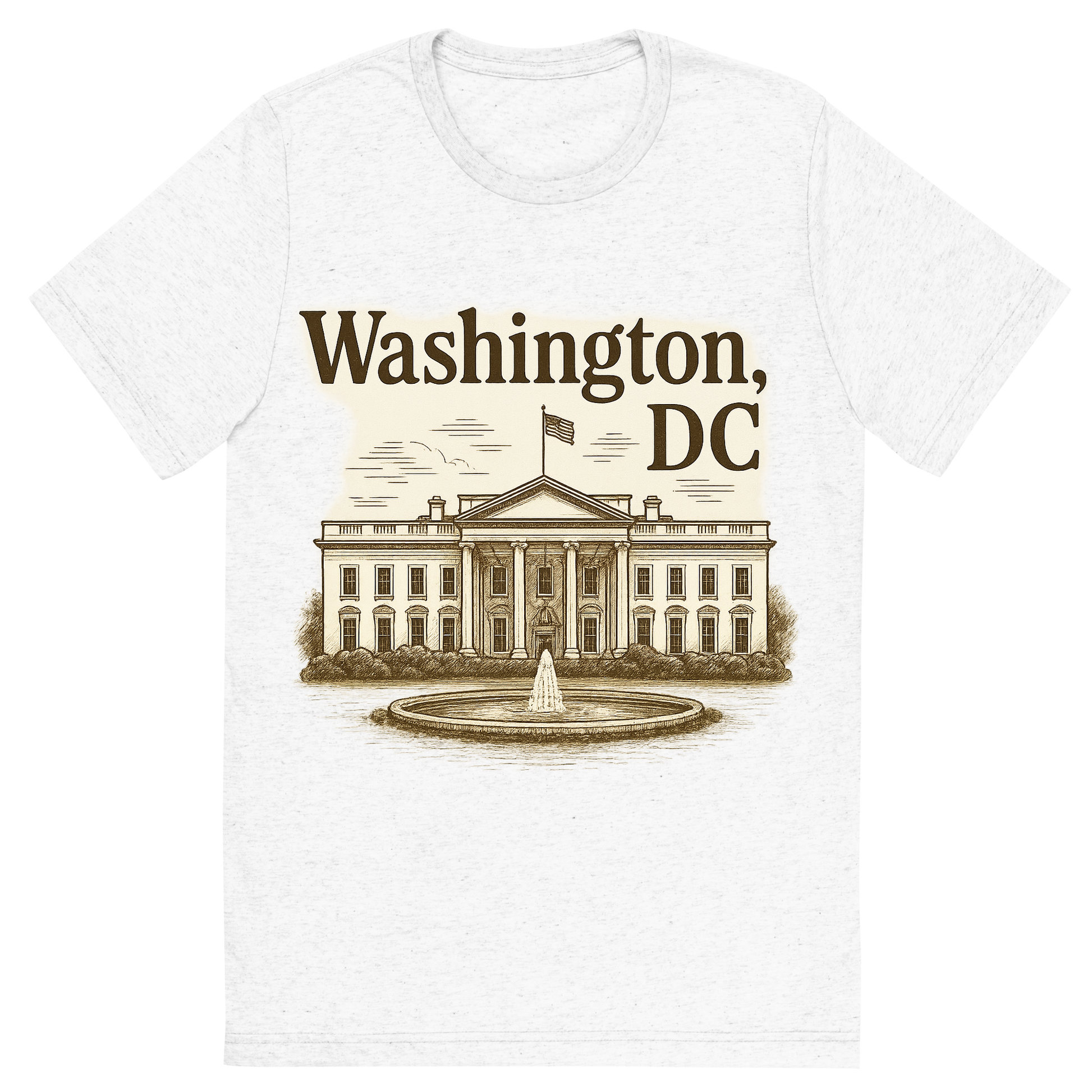 Front view of a Premium Tri-Blend Crew Neck T-Shirt in Solid White showing 'A typographic, nostalgic graphic of a typographic illustration of the words 'washington, dc' with a vintage line art drawing of the the white house'